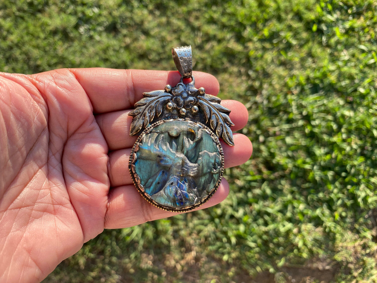 Hand Carved Deer Labradorite Tibetan Silver Pendant, Deer Pendant, Labradorite Deer, Blue Labradorite, Wildlife Jewelry, Animal Pendant