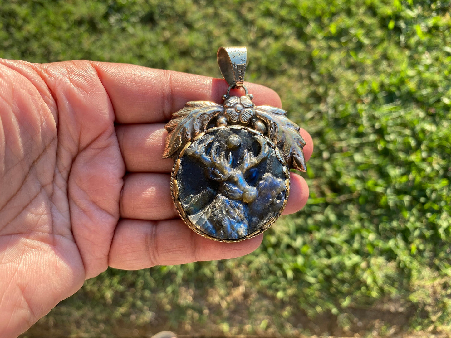 Hand Carved Deer Labradorite Tibetan Silver Pendant, Deer Pendant, Labradorite Deer, Blue Labradorite, Wildlife Jewelry, Animal Pendant
