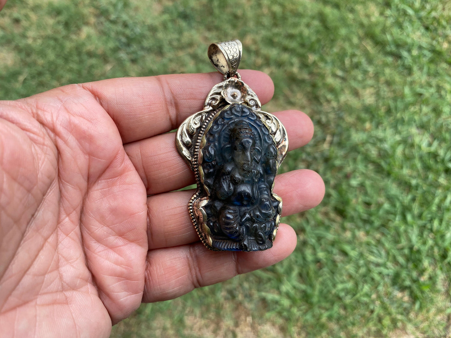 Carved Lord Ganesh Labradorite Pendant, Tibetan Silver Pendant, Deity Jewelry, Hindu Symbolism, Spiritual Accessory, Remover Of Obstacles