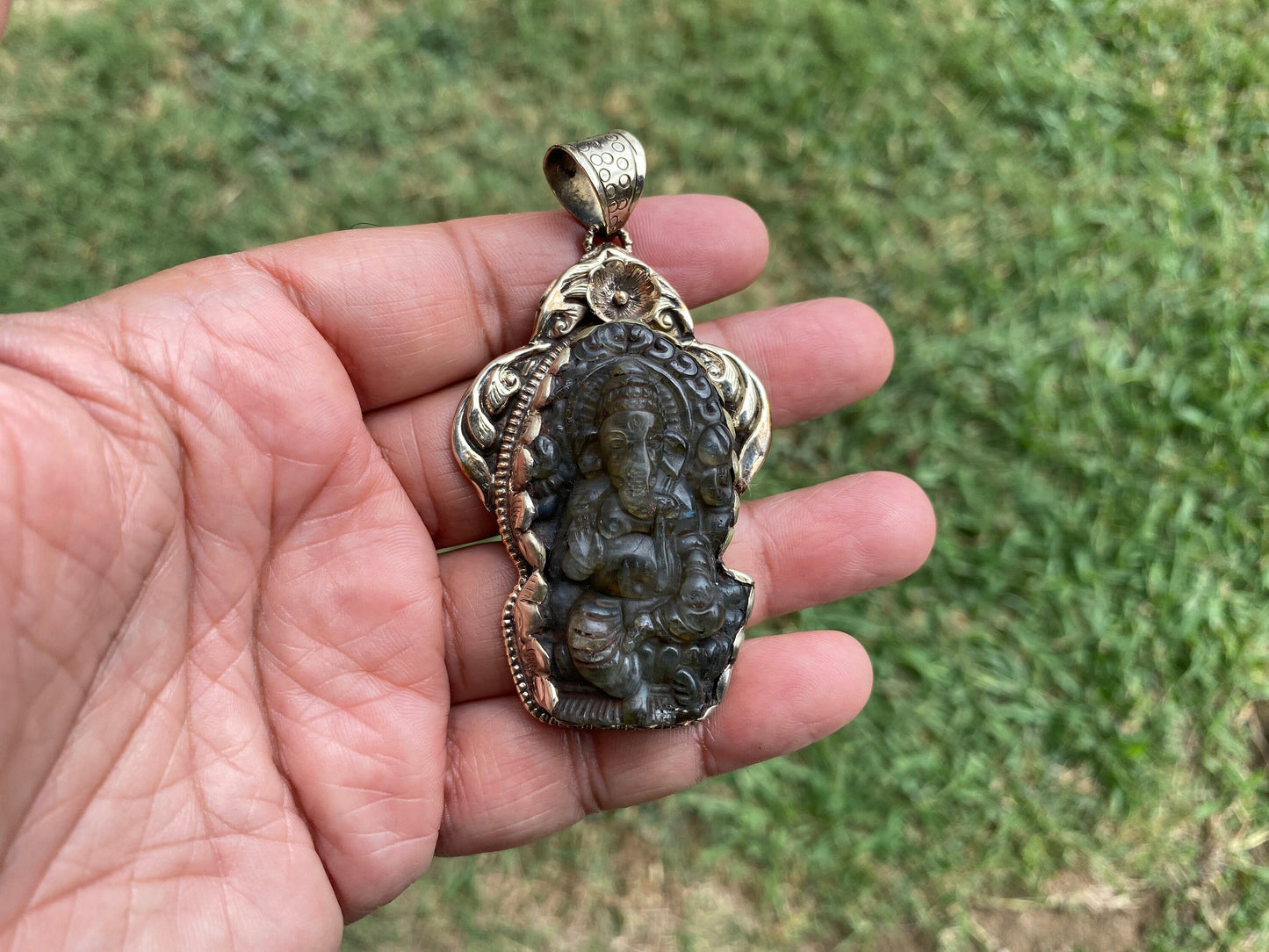 Carved Lord Ganesh Labradorite Pendant, Tibetan Silver Pendant, Deity Jewelry, Hindu Symbolism, Spiritual Accessory, Remover Of Obstacles
