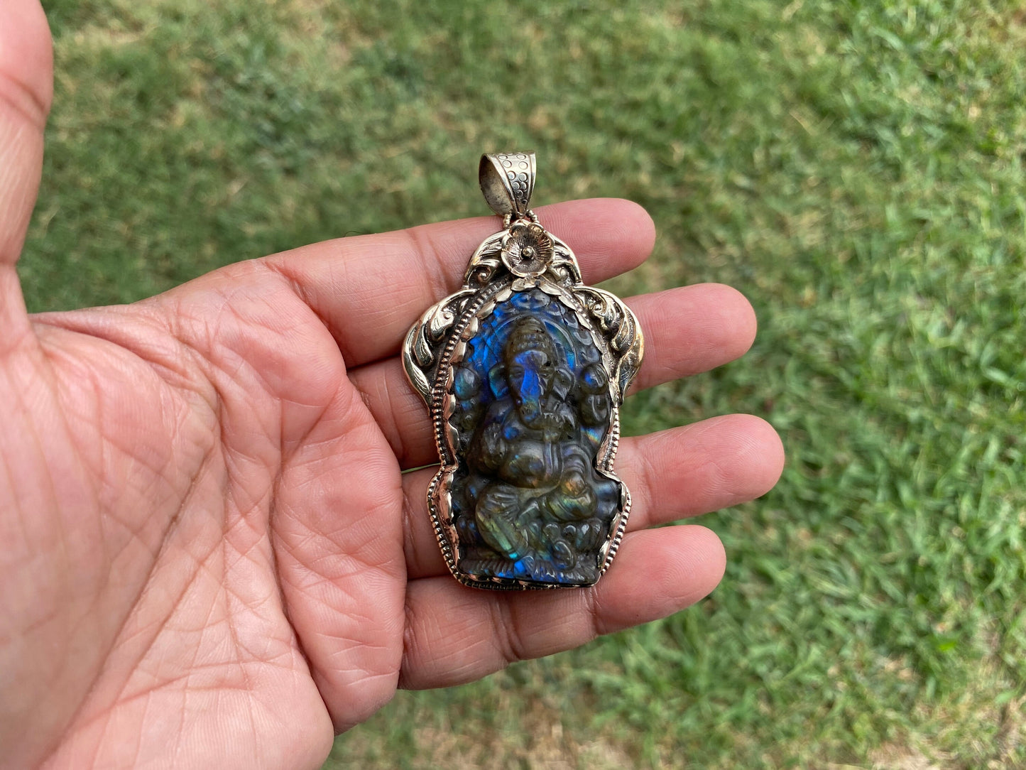 Carved Lord Ganesh Labradorite Pendant, Tibetan Silver Pendant, Deity Jewelry, Hindu Symbolism, Spiritual Accessory, Remover Of Obstacles