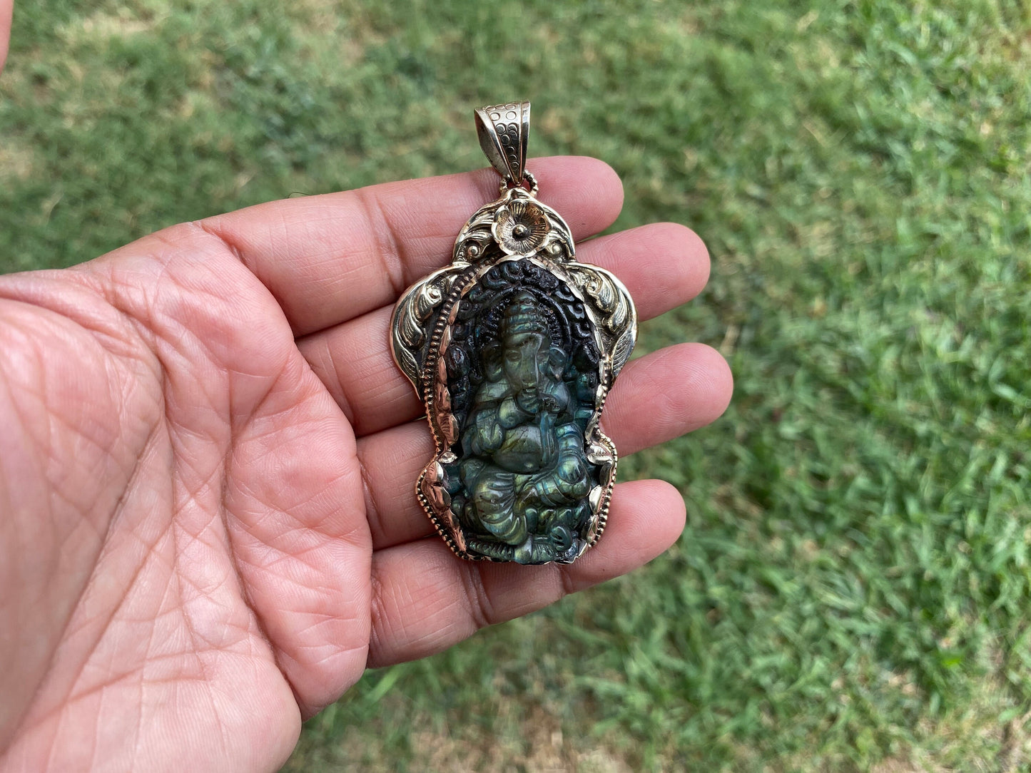 Carved Lord Ganesh Labradorite Pendant, Tibetan Silver Pendant, Deity Jewelry, Hindu Symbolism, Spiritual Accessory, Remover Of Obstacles