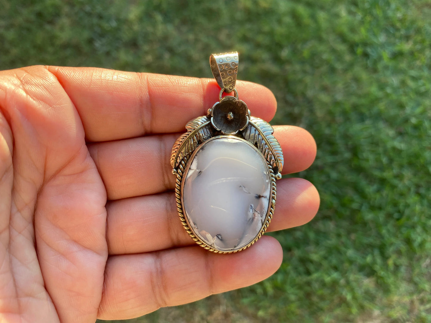 Dendritic Opal Agate Natural Gemstone, Tibetan Silver Pendant, Handcrafted Jewelry, Natural Stone Jewelry, Pendant for Necklace, Boho Chic