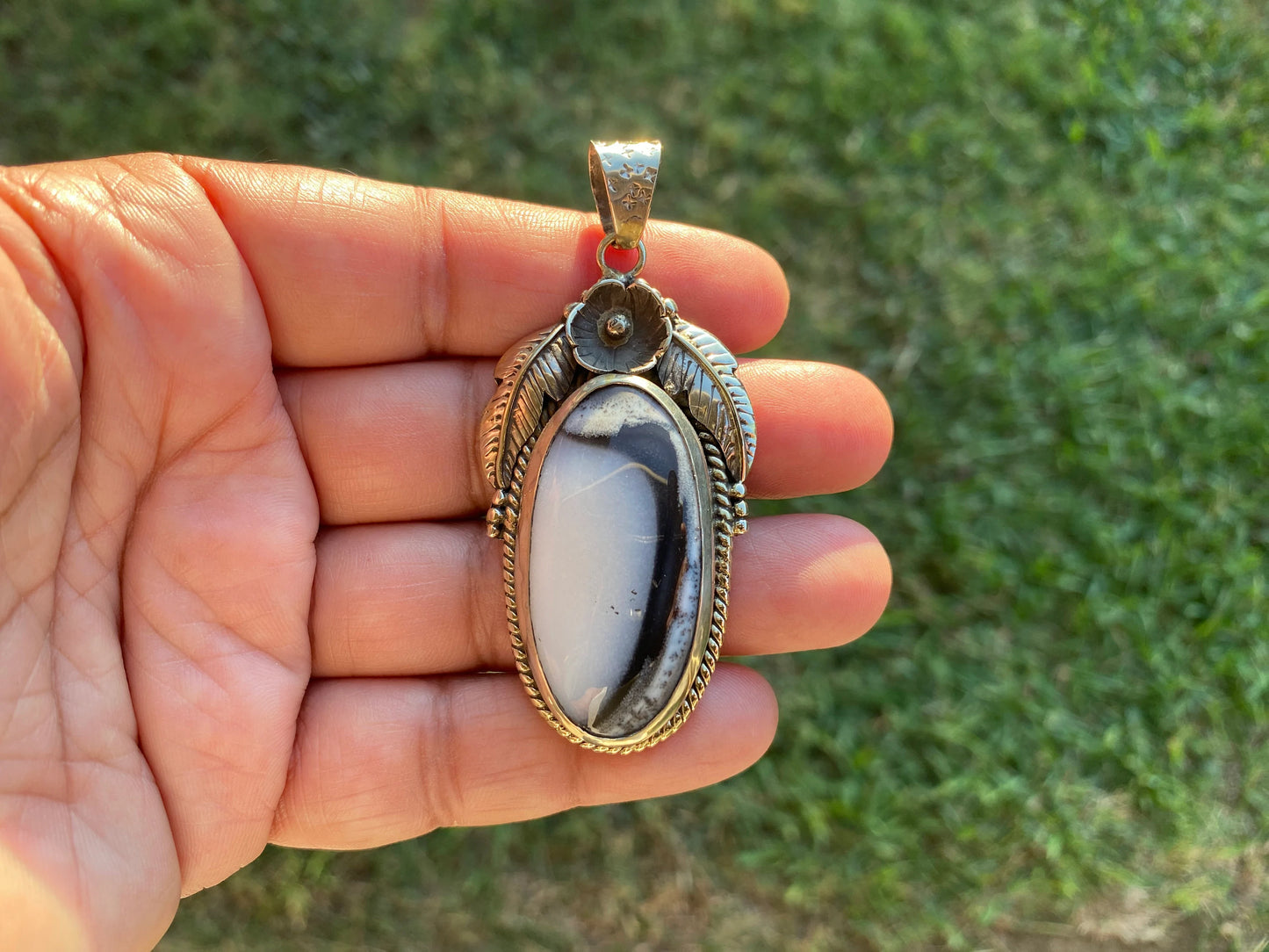 Dendritic Opal Agate Natural Gemstone, Tibetan Silver Pendant, Handcrafted Jewelry, Natural Stone Jewelry, Pendant for Necklace, Boho Chic