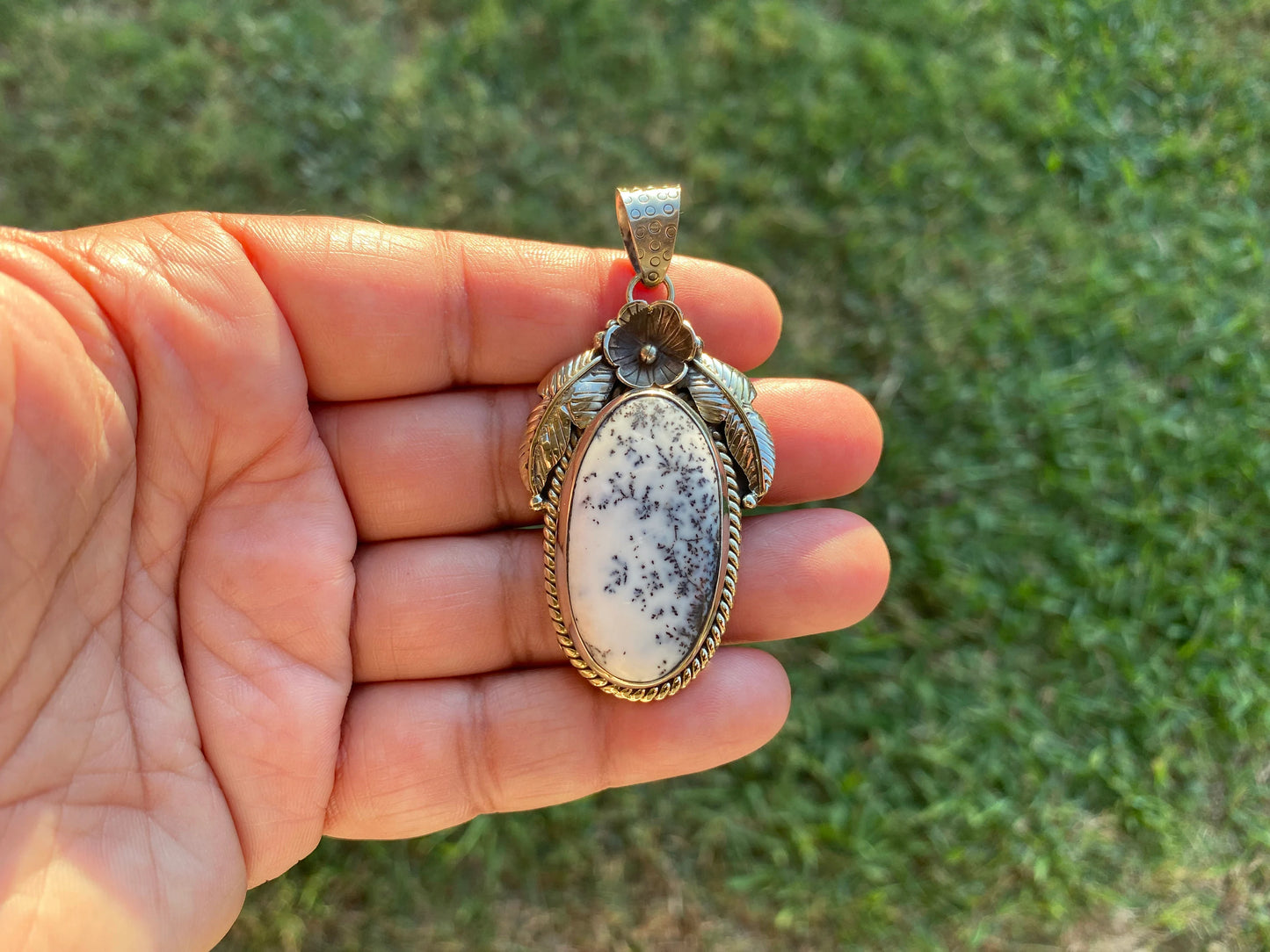 Dendritic Opal Agate Natural Gemstone, Tibetan Silver Pendant, Handcrafted Jewelry, Natural Stone Jewelry, Pendant for Necklace, Boho Chic