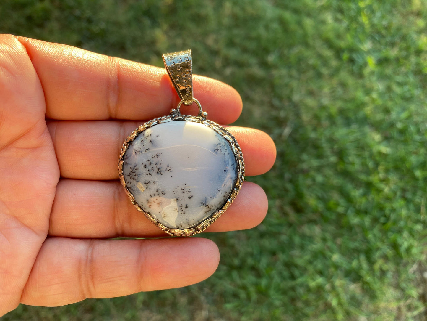 Dendritic Opal Agate Natural Gemstone, Tibetan Silver Pendant, Handcrafted Jewelry, Natural Stone Jewelry, Pendant for Necklace, Boho Chic