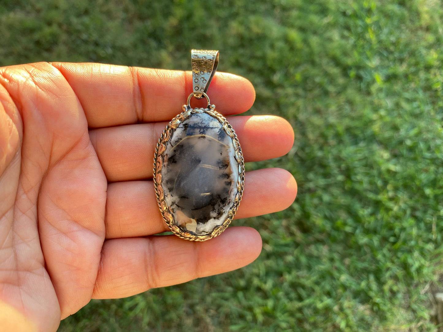 Dendritic Opal Agate Natural Gemstone, Tibetan Silver Pendant, Handcrafted Jewelry, Natural Stone Jewelry, Pendant for Necklace, Boho Chic