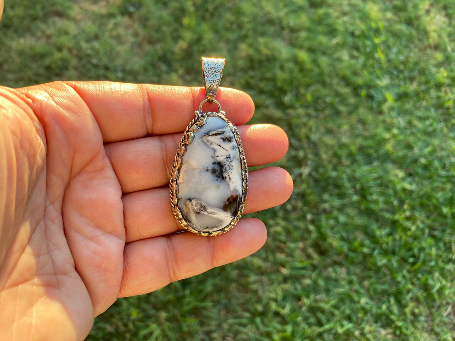 Dendritic Opal Agate Natural Gemstone, Tibetan Silver Pendant, Handcrafted Jewelry, Natural Stone Jewelry, Pendant for Necklace, Boho Chic