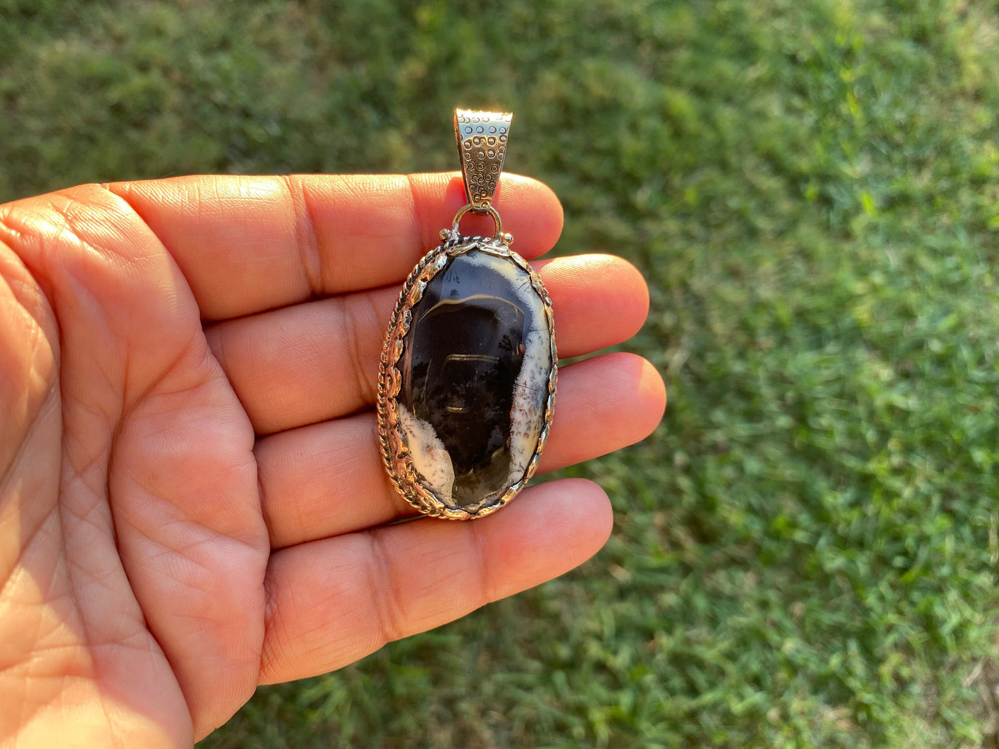 Dendritic Opal Agate Natural Gemstone, Tibetan Silver Pendant, Handcrafted Jewelry, Natural Stone Jewelry, Pendant for Necklace, Boho Chic