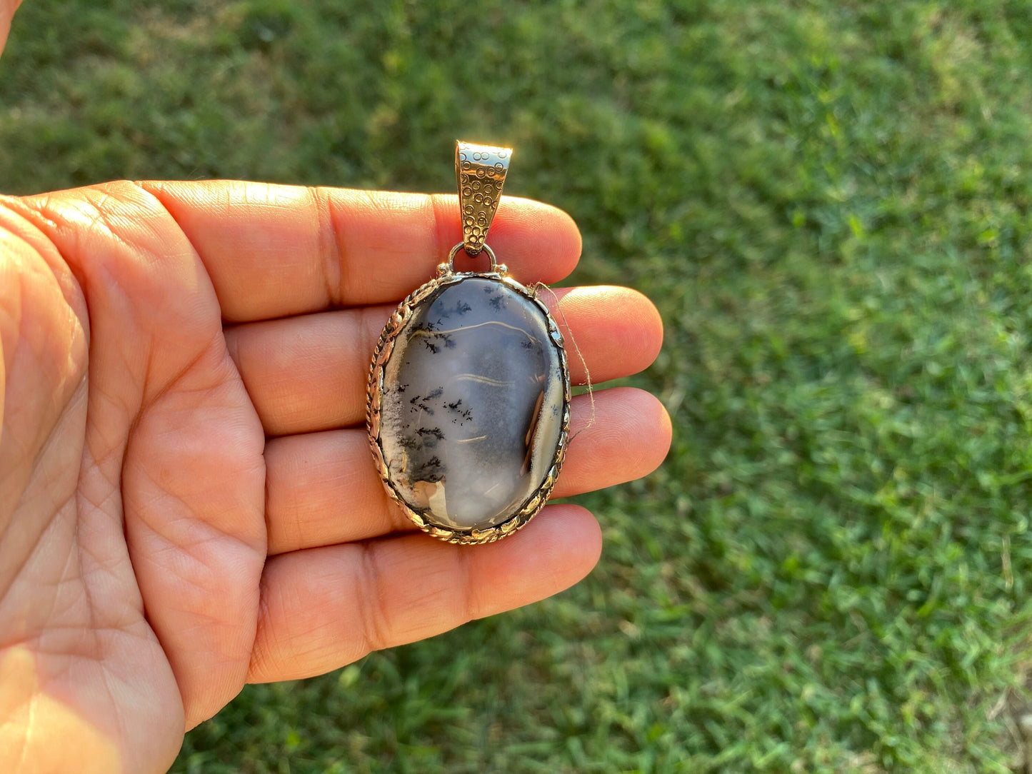 Dendritic Opal Agate Natural Gemstone, Tibetan Silver Pendant, Handcrafted Jewelry, Natural Stone Jewelry, Pendant for Necklace, Boho Chic