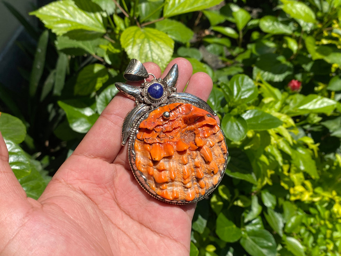 Desert Sea Gem: Oceanic Tibetan Silver Pendant from Nepal, Big Spiny orange oyster pendant adorned with natural raw lapis, Unique gift idea.