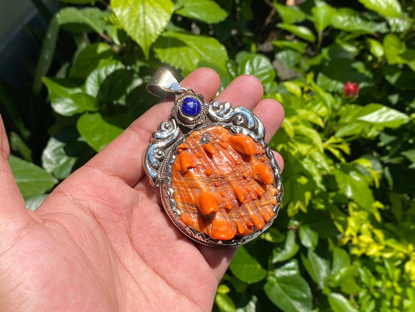 Desert Sea Gem: Oceanic Tibetan Silver Pendant from Nepal, Big Spiny orange oyster pendant adorned with natural raw lapis, Unique gift idea.