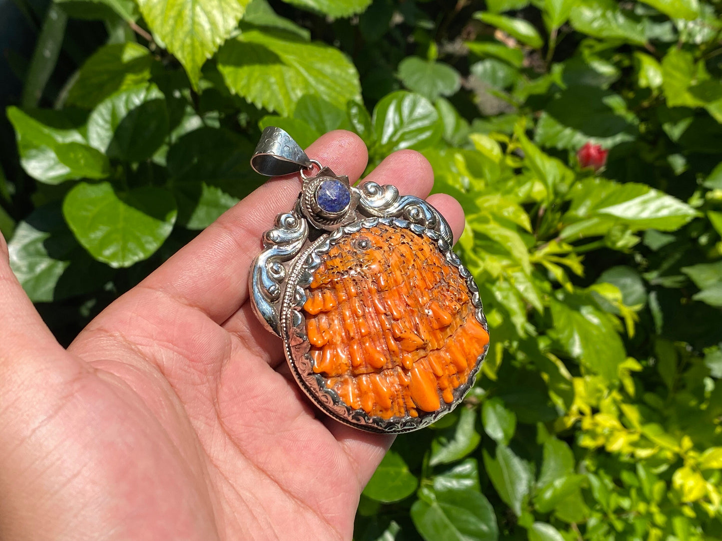 Desert Sea Gem: Oceanic Tibetan Silver Pendant from Nepal, Big Spiny orange oyster pendant adorned with natural raw lapis, Unique gift idea.