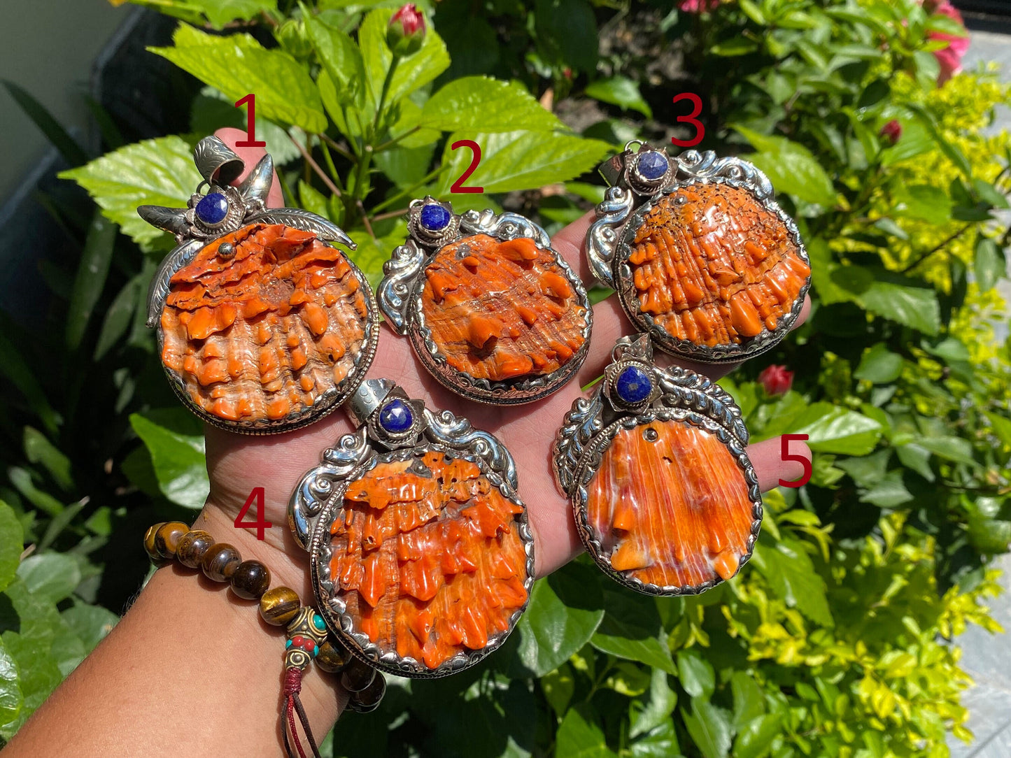 Desert Sea Gem: Oceanic Tibetan Silver Pendant from Nepal, Big Spiny orange oyster pendant adorned with natural raw lapis, Unique gift idea.
