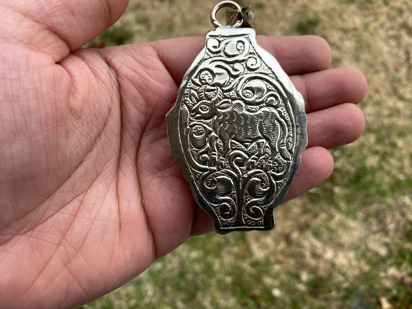Dharma Chakra Buddhist Symbol with Lotus Flower Tibetan Silver Bone Pendant for Men or Women, Yoga Pendant, Meditation, Wheel of Dharma