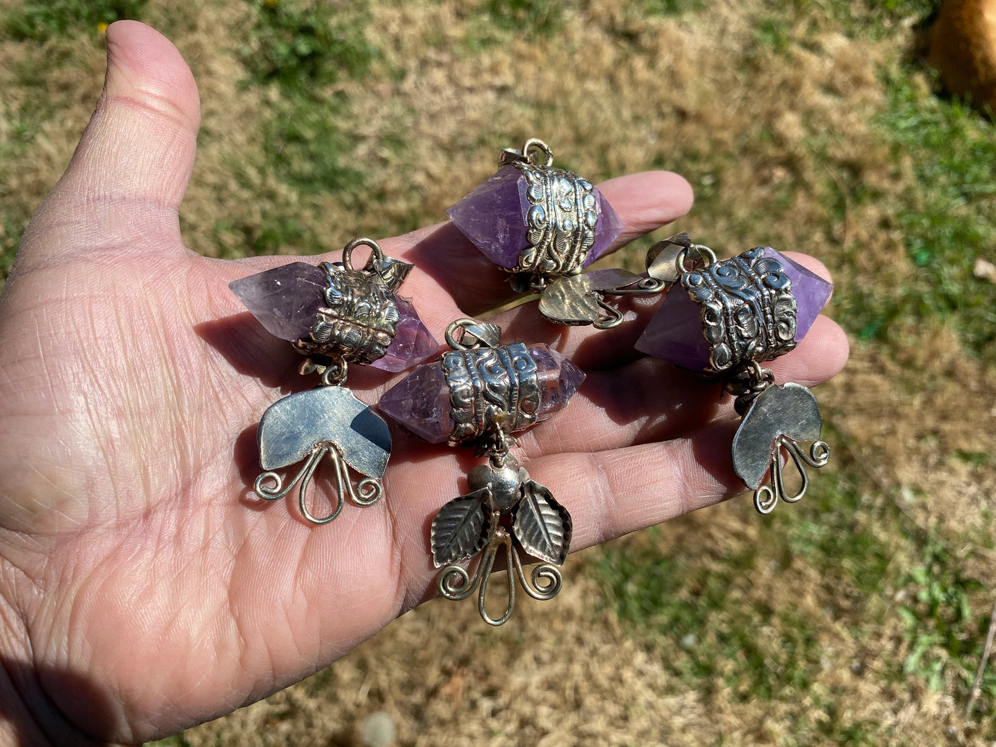 Double Pointed Amethyst Crystal Tibetan Silver Pendant, Amethyst Crystal Pointed Jewelry, Amethyst Double Terminated Point, Natural Crystal