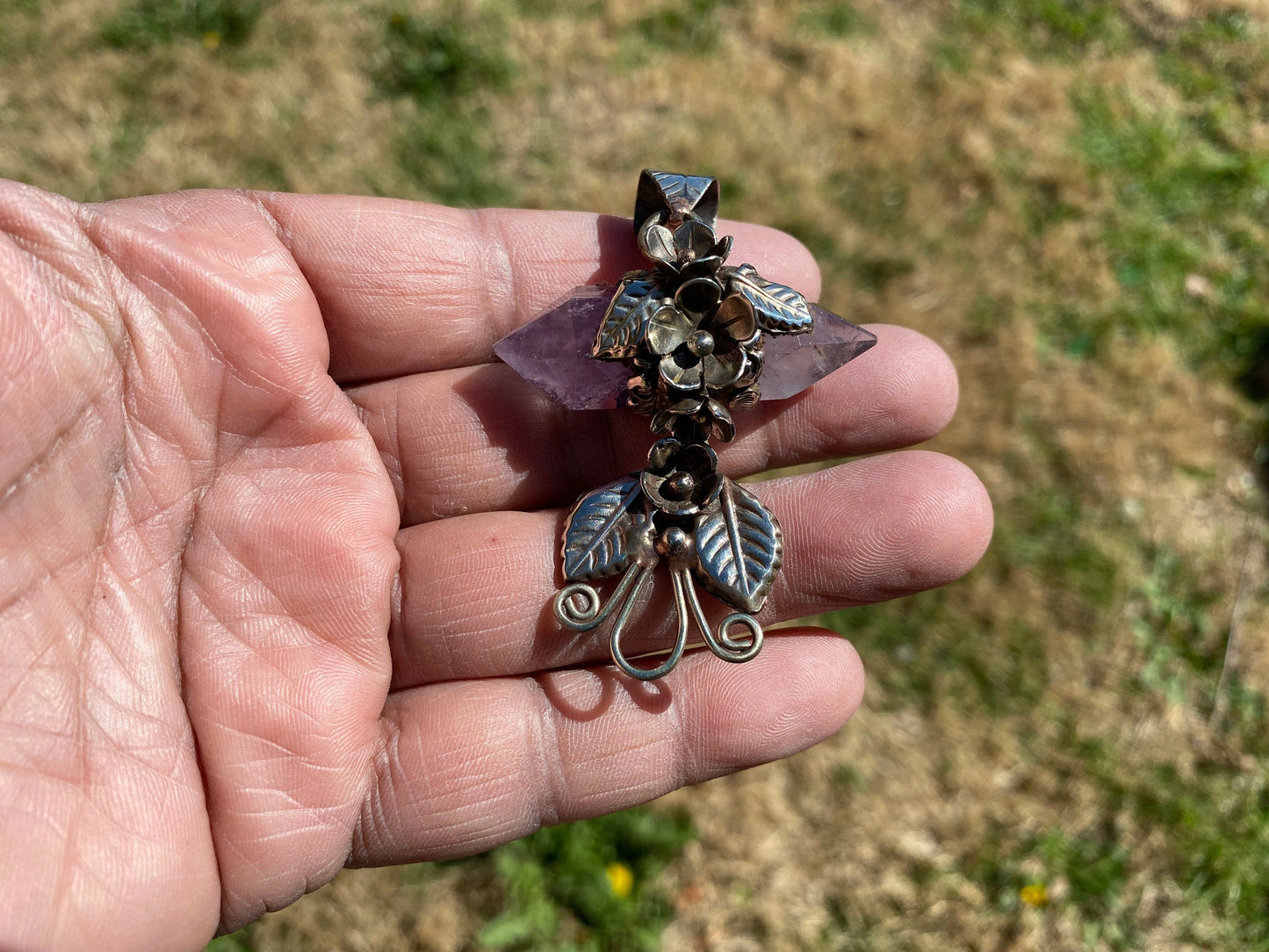 Double Pointed Amethyst Crystal Tibetan Silver Pendant, Amethyst Crystal Pointed Jewelry, Amethyst Double Terminated Point, Natural Crystal