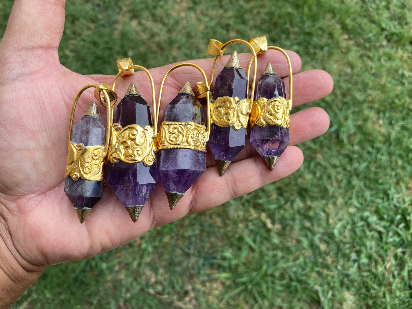 Double Terminated Amethyst and Turquoise Tibetan Silver Pendant, Healing Crystal, Natural Stone Jewelry, Flower Designs, Pointed Crystal