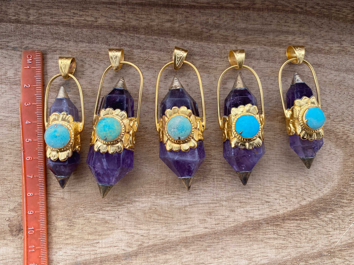 Double Terminated Amethyst and Turquoise Tibetan Silver Pendant, Healing Crystal, Natural Stone Jewelry, Flower Designs, Pointed Crystal