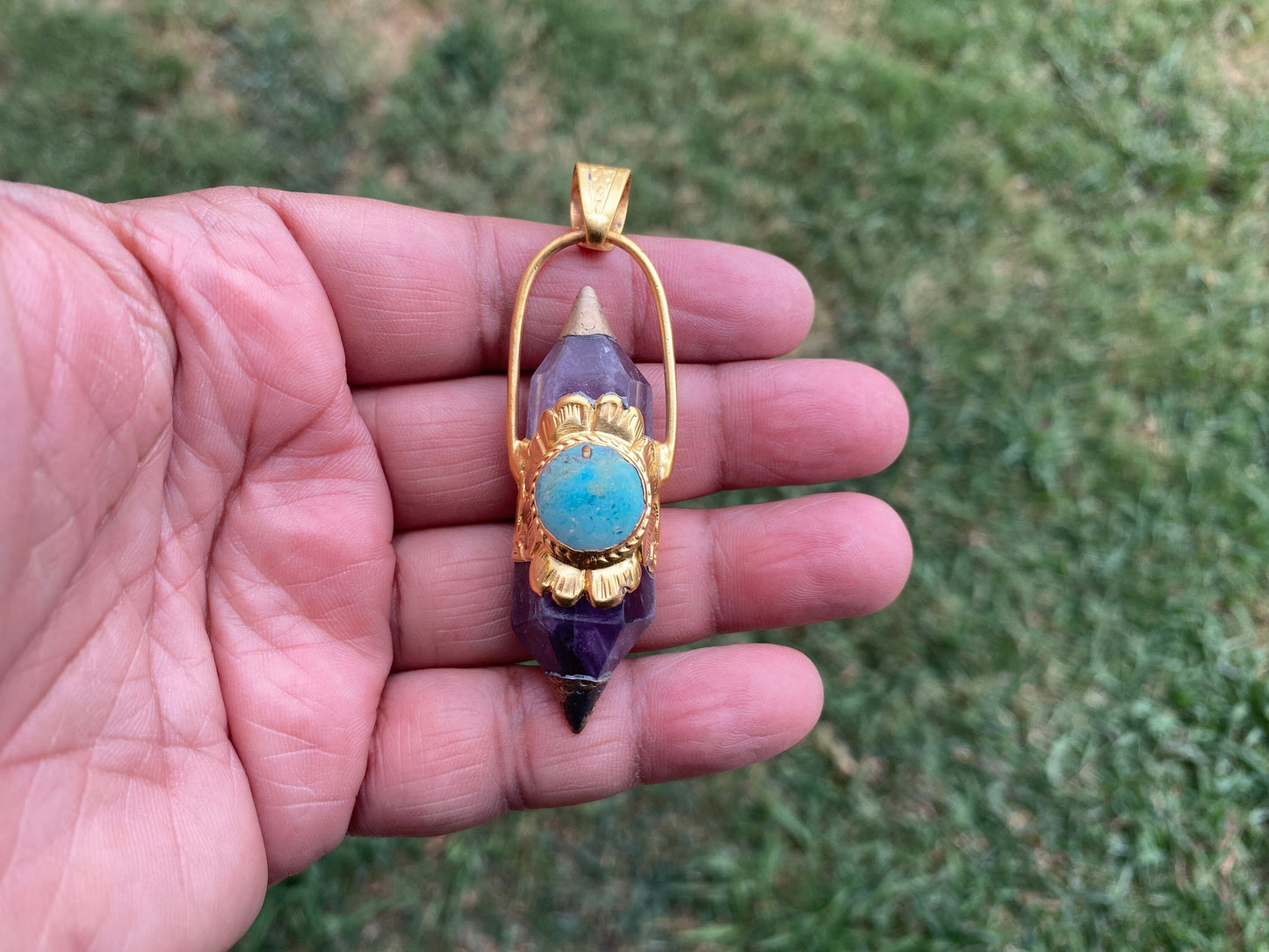 Double Terminated Amethyst and Turquoise Tibetan Silver Pendant, Healing Crystal, Natural Stone Jewelry, Flower Designs, Pointed Crystal
