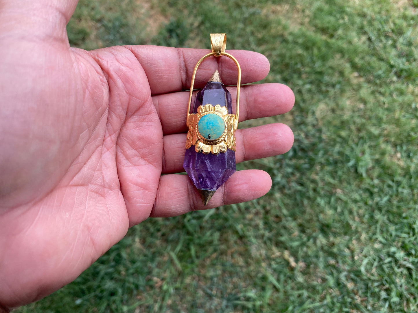 Double Terminated Amethyst and Turquoise Tibetan Silver Pendant, Healing Crystal, Natural Stone Jewelry, Flower Designs, Pointed Crystal