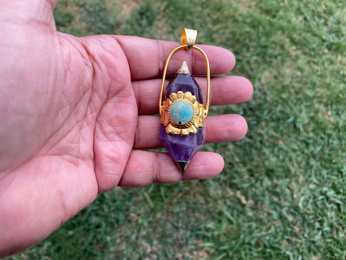 Double Terminated Amethyst and Turquoise Tibetan Silver Pendant, Healing Crystal, Natural Stone Jewelry, Flower Designs, Pointed Crystal