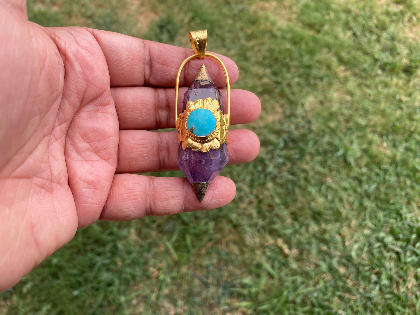 Double Terminated Amethyst and Turquoise Tibetan Silver Pendant, Healing Crystal, Natural Stone Jewelry, Flower Designs, Pointed Crystal