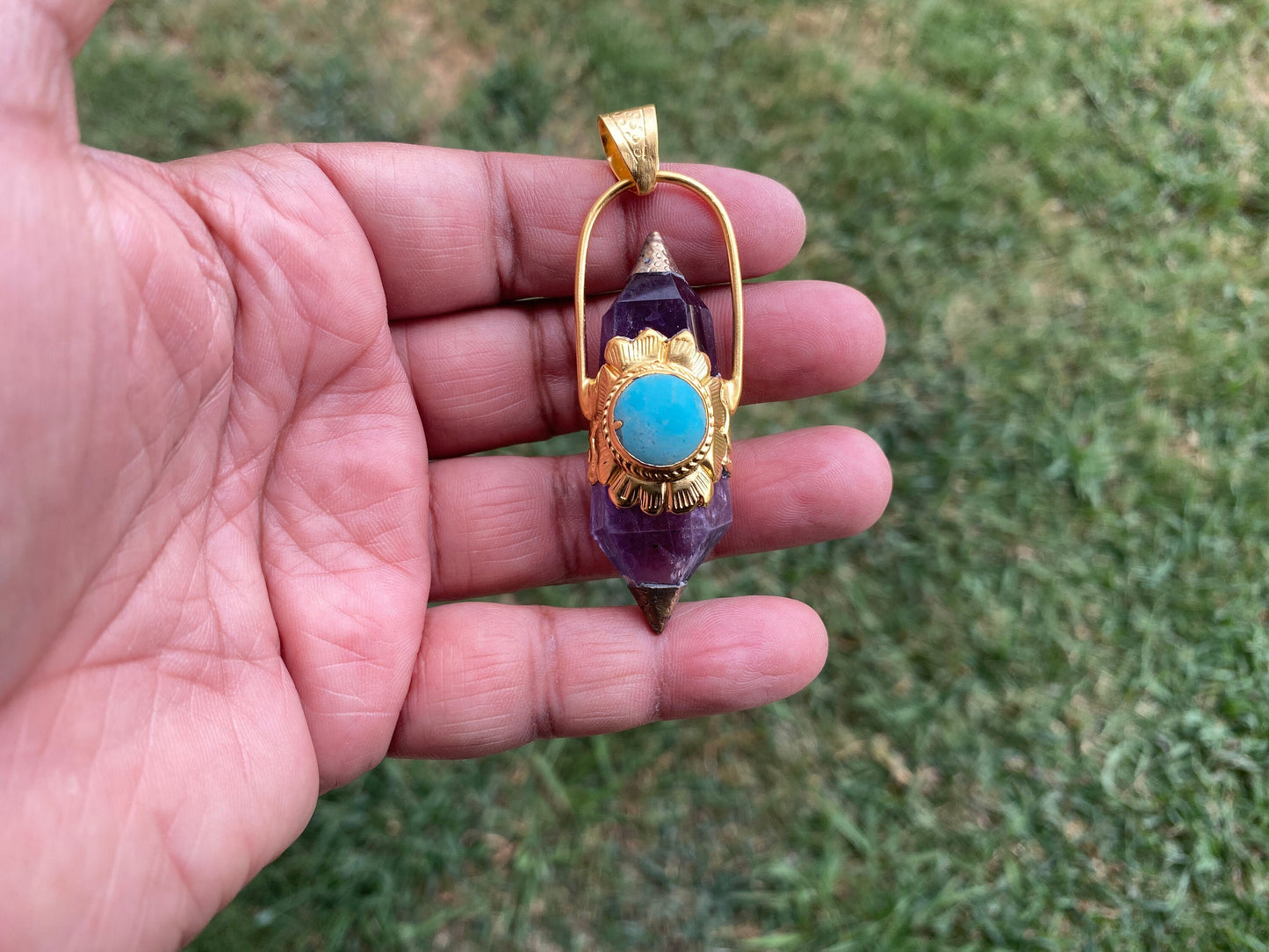 Double Terminated Amethyst and Turquoise Tibetan Silver Pendant, Healing Crystal, Natural Stone Jewelry, Flower Designs, Pointed Crystal