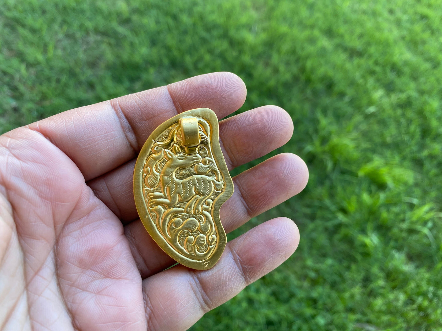 Dragon Carved Buffalo Bone High Quality 18k Brushed Gold Overlay Non Tarnish Pendant, Tibetan Jewelry for Protection, Unisex Pendant, Unique