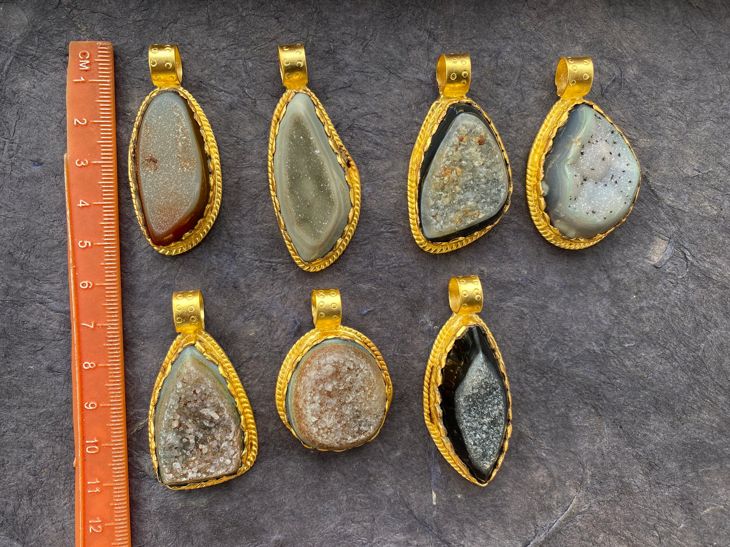Druzy Raw Agate Stone Non Tarnish Brushed Gold Overlay Pendant, Healing Pendant, Hill Tribe Women's Jewelry, Birthstone Pendant for Necklace