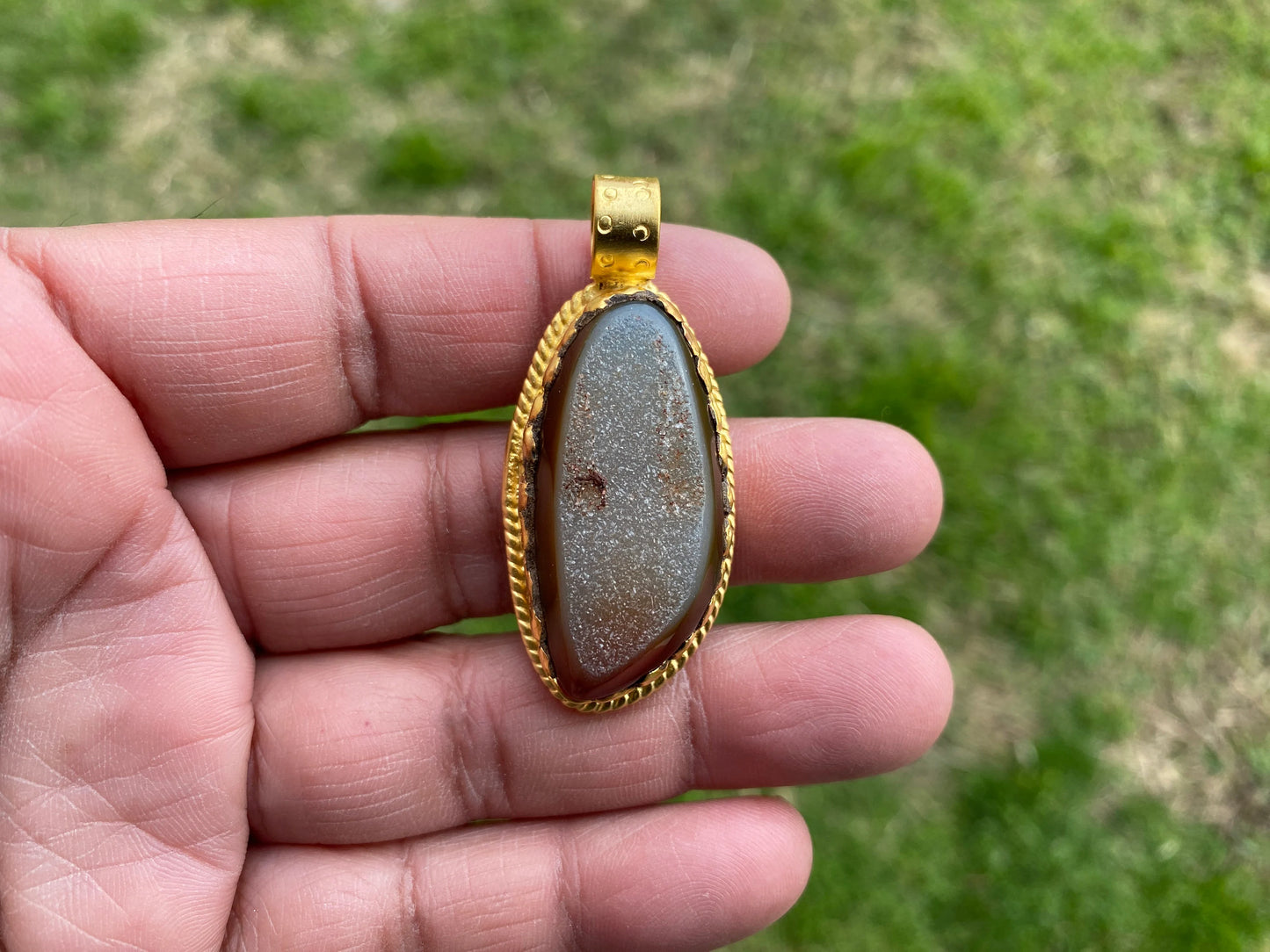 Druzy Raw Agate Stone Non Tarnish Brushed Gold Overlay Pendant, Healing Pendant, Hill Tribe Women's Jewelry, Birthstone Pendant for Necklace