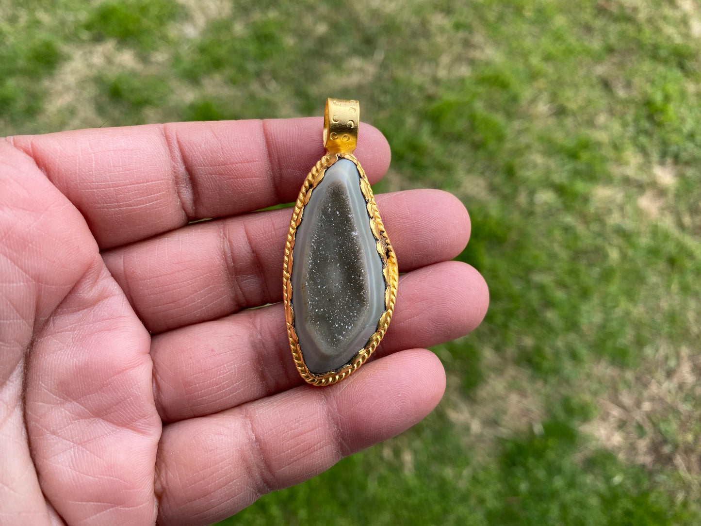 Druzy Raw Agate Stone Non Tarnish Brushed Gold Overlay Pendant, Healing Pendant, Hill Tribe Women's Jewelry, Birthstone Pendant for Necklace