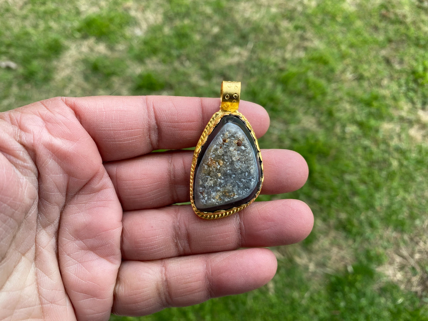 Druzy Raw Agate Stone Non Tarnish Brushed Gold Overlay Pendant, Healing Pendant, Hill Tribe Women's Jewelry, Birthstone Pendant for Necklace