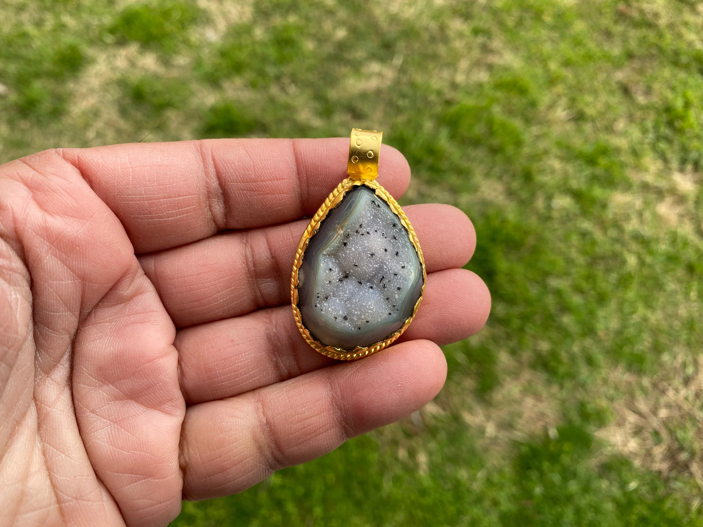 Druzy Raw Agate Stone Non Tarnish Brushed Gold Overlay Pendant, Healing Pendant, Hill Tribe Women's Jewelry, Birthstone Pendant for Necklace