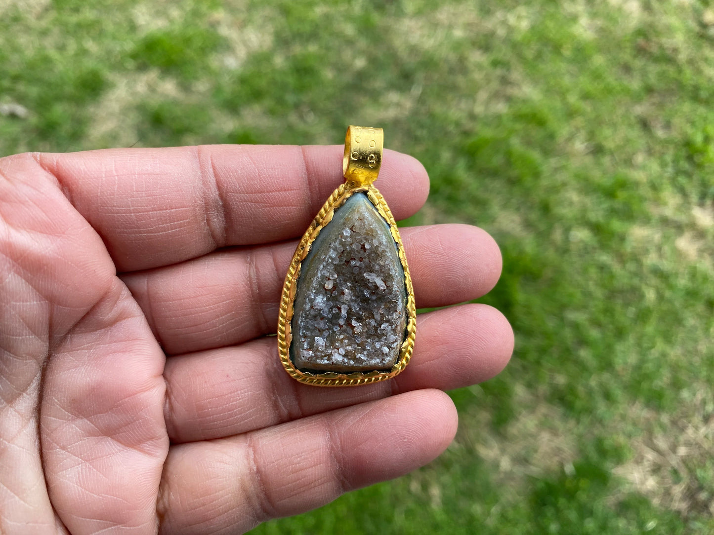 Druzy Raw Agate Stone Non Tarnish Brushed Gold Overlay Pendant, Healing Pendant, Hill Tribe Women's Jewelry, Birthstone Pendant for Necklace