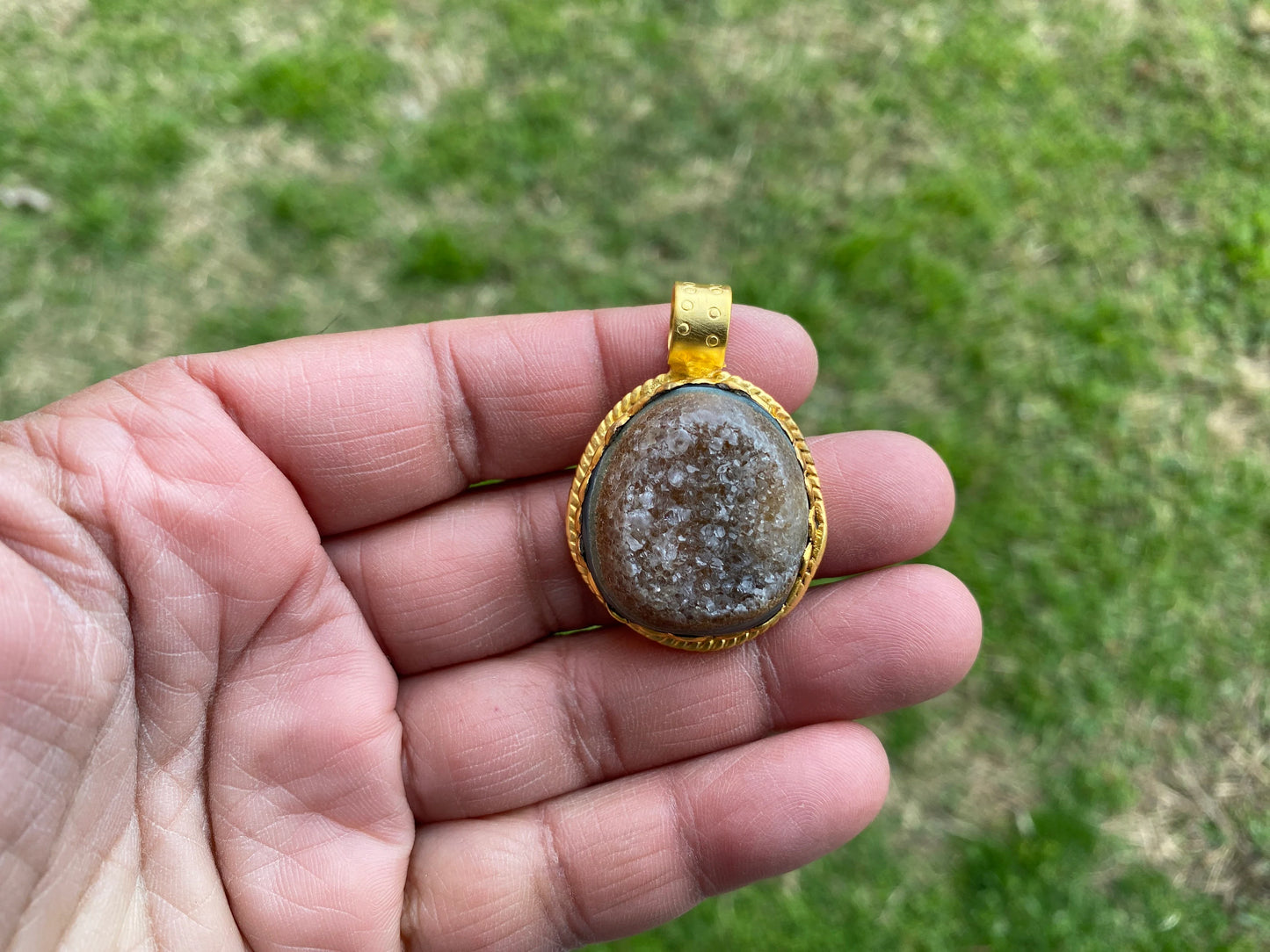Druzy Raw Agate Stone Non Tarnish Brushed Gold Overlay Pendant, Healing Pendant, Hill Tribe Women's Jewelry, Birthstone Pendant for Necklace