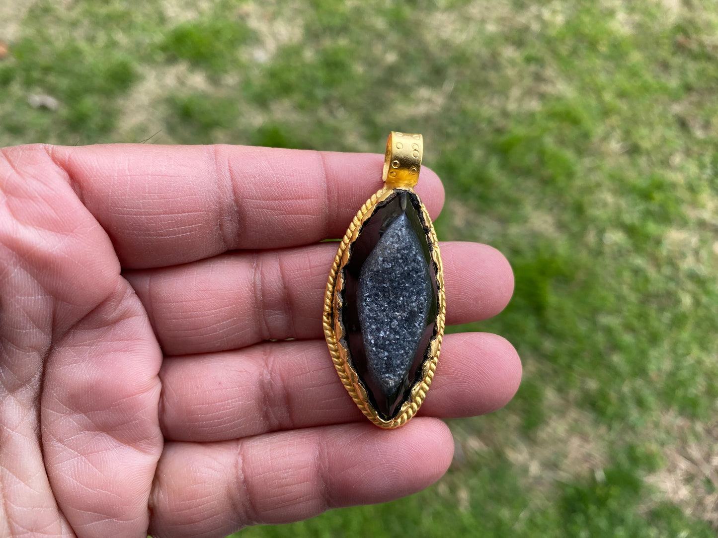 Druzy Raw Agate Stone Non Tarnish Brushed Gold Overlay Pendant, Healing Pendant, Hill Tribe Women's Jewelry, Birthstone Pendant for Necklace