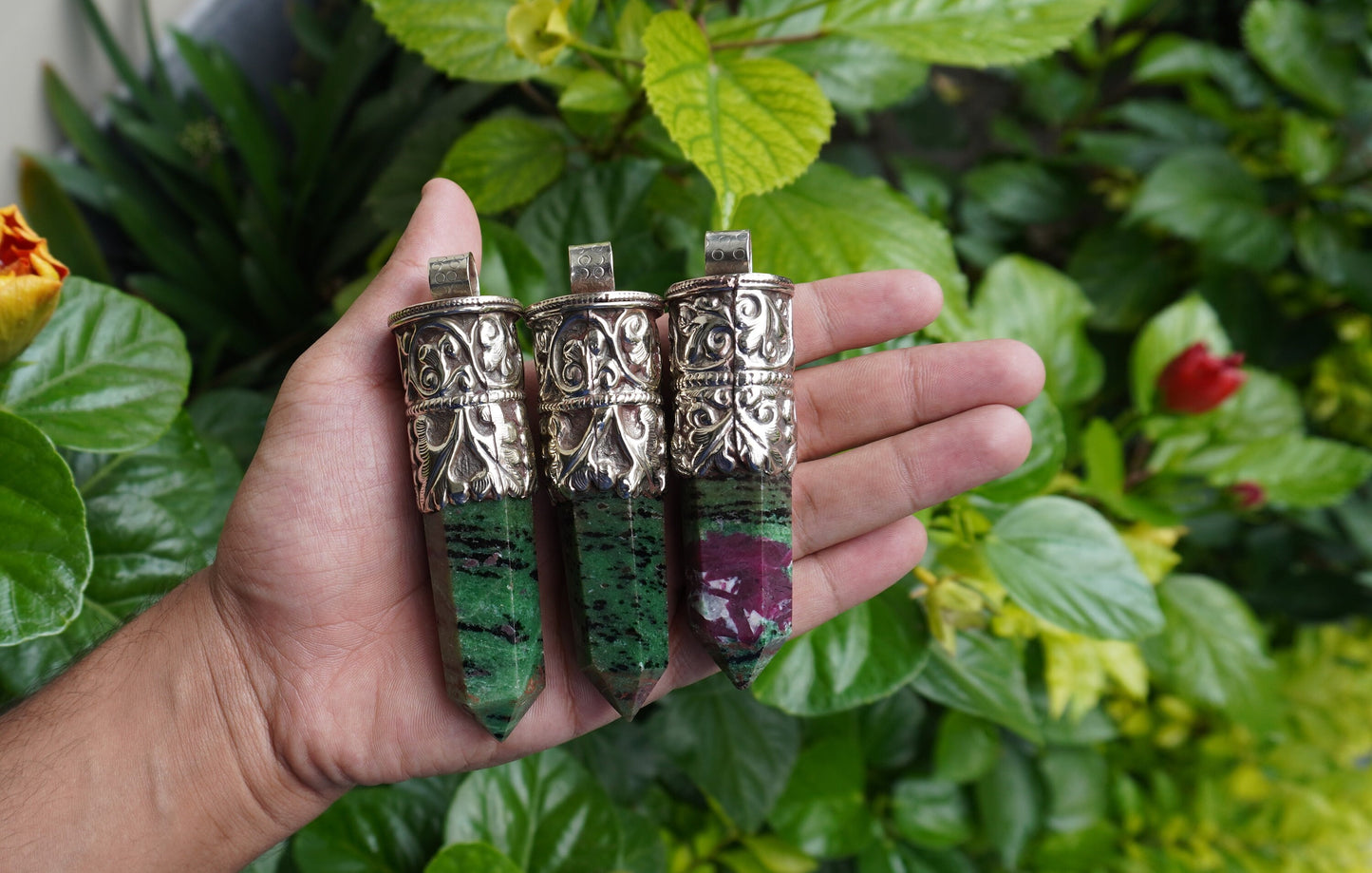 Durable Ruby Zoisite Pendant: One-of-a-Kind Boho Jewelry, Daily Wear African Ruby Zoisite Pendant adorned with Tibetan silver & Turquoise.