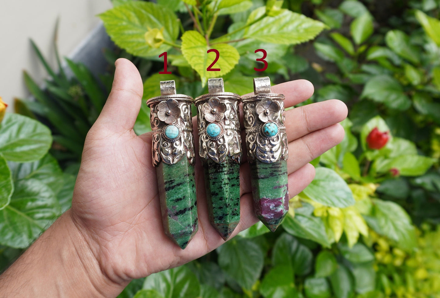Durable Ruby Zoisite Pendant: One-of-a-Kind Boho Jewelry, Daily Wear African Ruby Zoisite Pendant adorned with Tibetan silver & Turquoise.