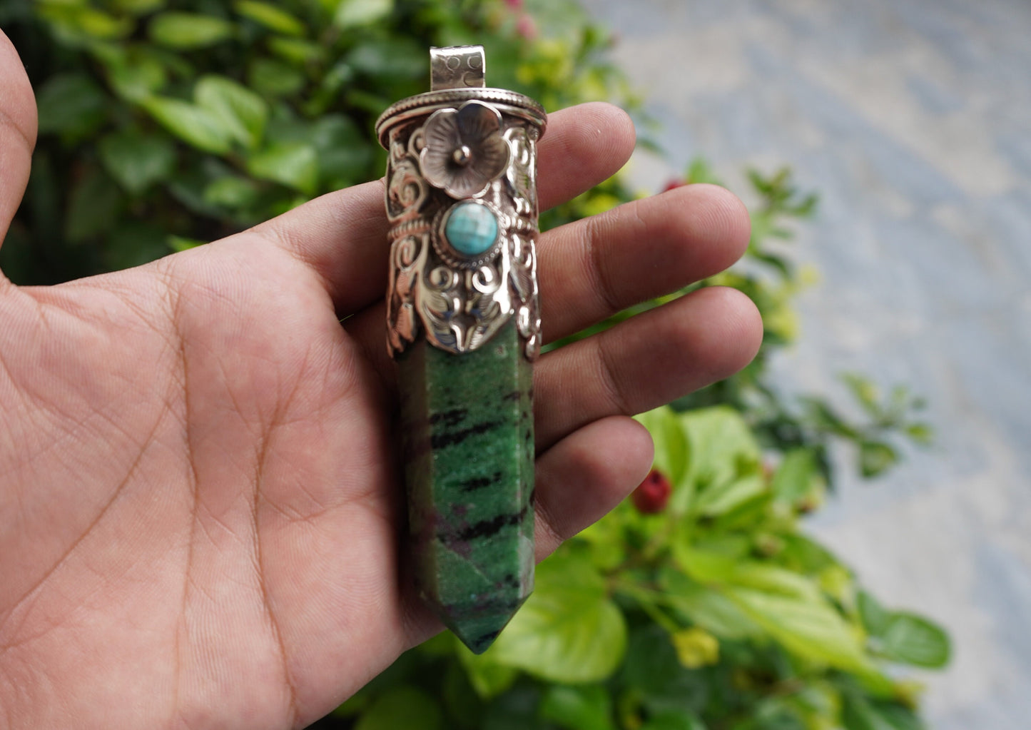 Durable Ruby Zoisite Pendant: One-of-a-Kind Boho Jewelry, Daily Wear African Ruby Zoisite Pendant adorned with Tibetan silver & Turquoise.