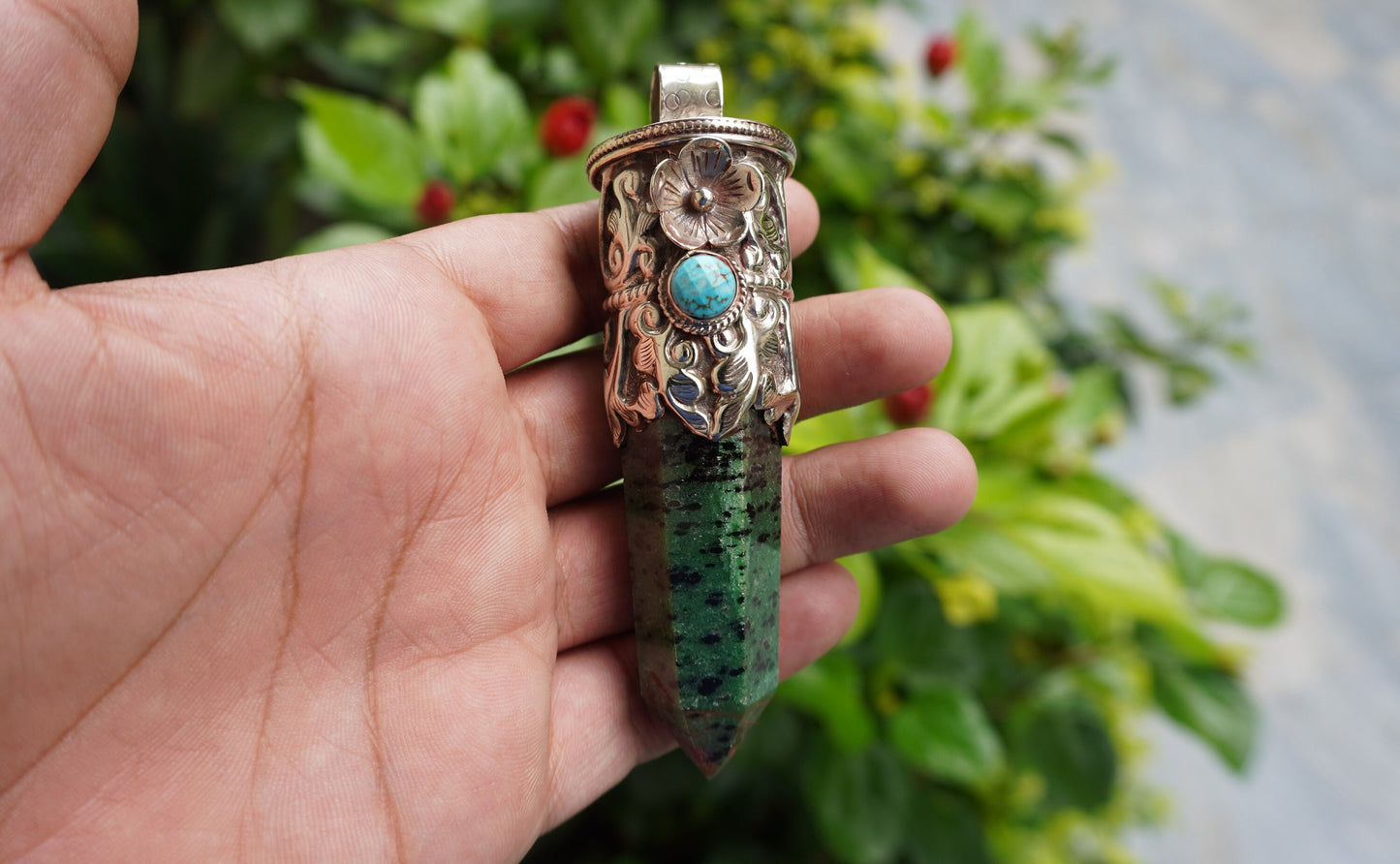 Durable Ruby Zoisite Pendant: One-of-a-Kind Boho Jewelry, Daily Wear African Ruby Zoisite Pendant adorned with Tibetan silver & Turquoise.