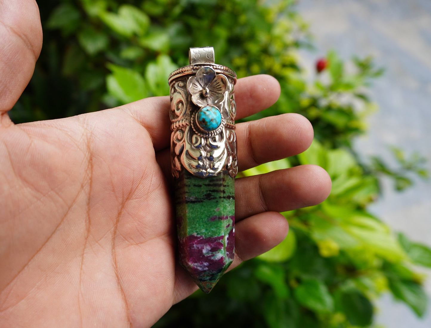 Durable Ruby Zoisite Pendant: One-of-a-Kind Boho Jewelry, Daily Wear African Ruby Zoisite Pendant adorned with Tibetan silver & Turquoise.
