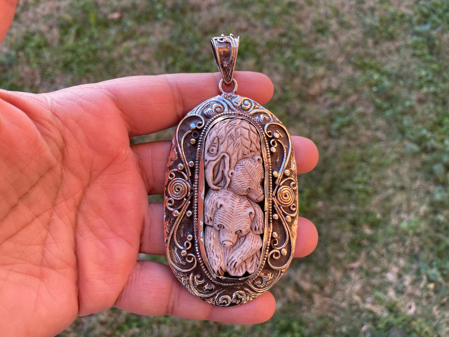 Eagle with Bear Hand Carved Buffalo Bone Tibetan Silver Pendant, Women Jewelry, Men Locket, Tribal Jewelry, Ethnic Jewelry, Necklace Locket