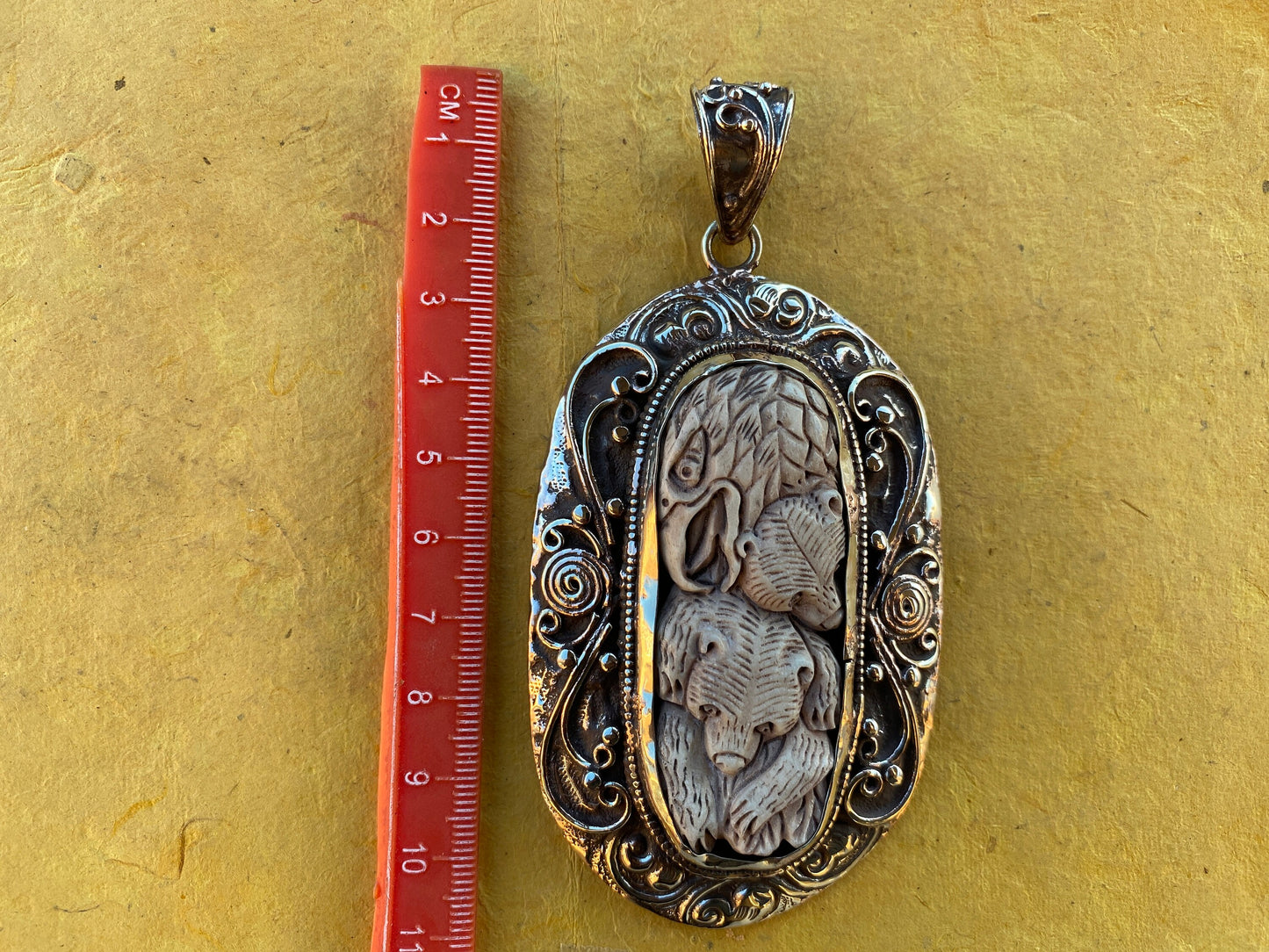 Eagle with Bear Hand Carved Buffalo Bone Tibetan Silver Pendant, Women Jewelry, Men Locket, Tribal Jewelry, Ethnic Jewelry, Necklace Locket