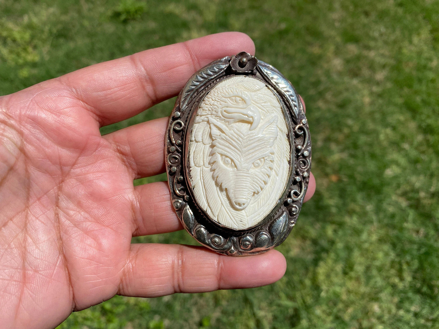 Eagle with Fox Hand carved Buffalo Bone Tibetan Silver Pendant, Native American Style, Jewelry for Men or Women, Animal Lover Pendant
