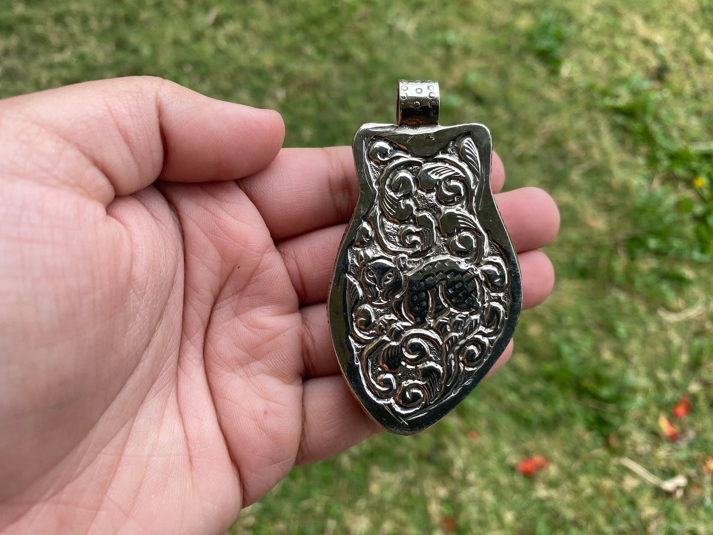Eagle with Skull Carved Bone Tibetan Silver Large Pendant, Biker Skull Pendant, Bird Jewelry, Pendant for Men or Women, Gothic Skull Pendant
