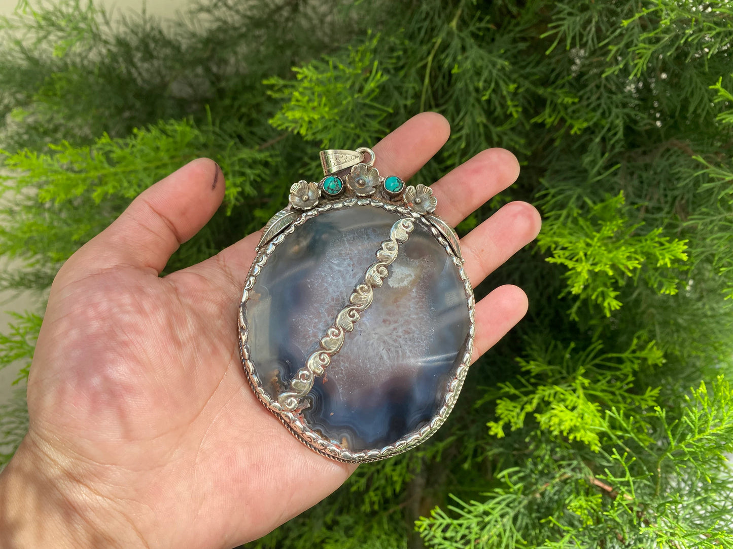 Earth's Treasure: Natural Agate Pendant with Turquoise and Tibetan Silver,Turquoise Tranquility, Natural Agate Pendant with Tibetan Silver.