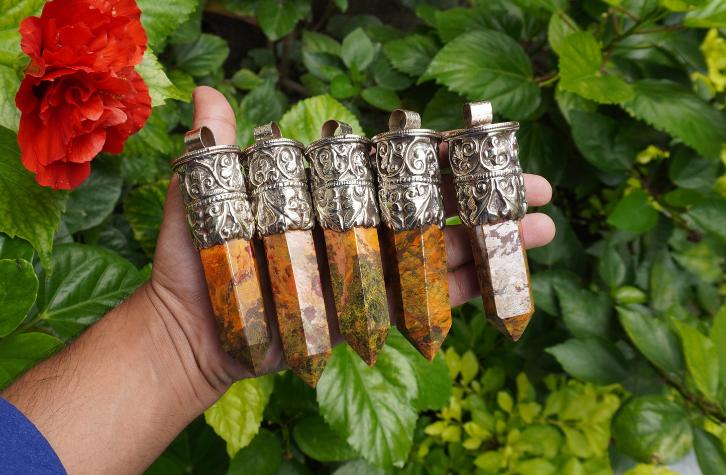 Earthy Elegance: Long Natural Yellow Jasper Tower Pendant with Turquoise Adornment, Natural Beauty, Pointed Pendant, Perfect Gift.