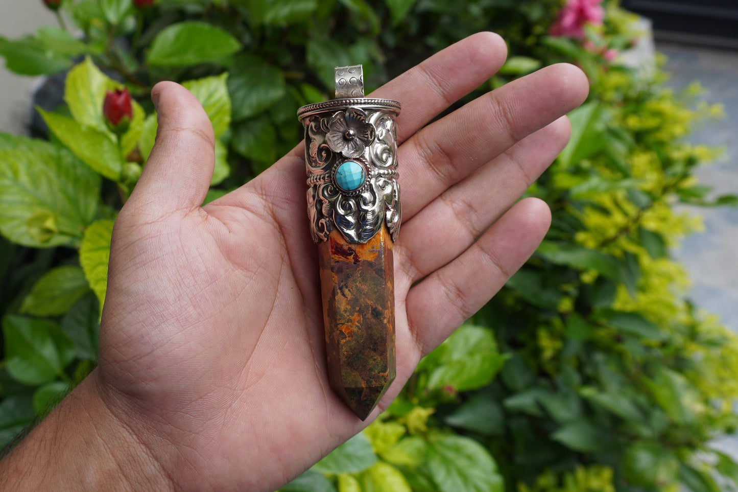 Earthy Elegance: Long Natural Yellow Jasper Tower Pendant with Turquoise Adornment, Natural Beauty, Pointed Pendant, Perfect Gift.