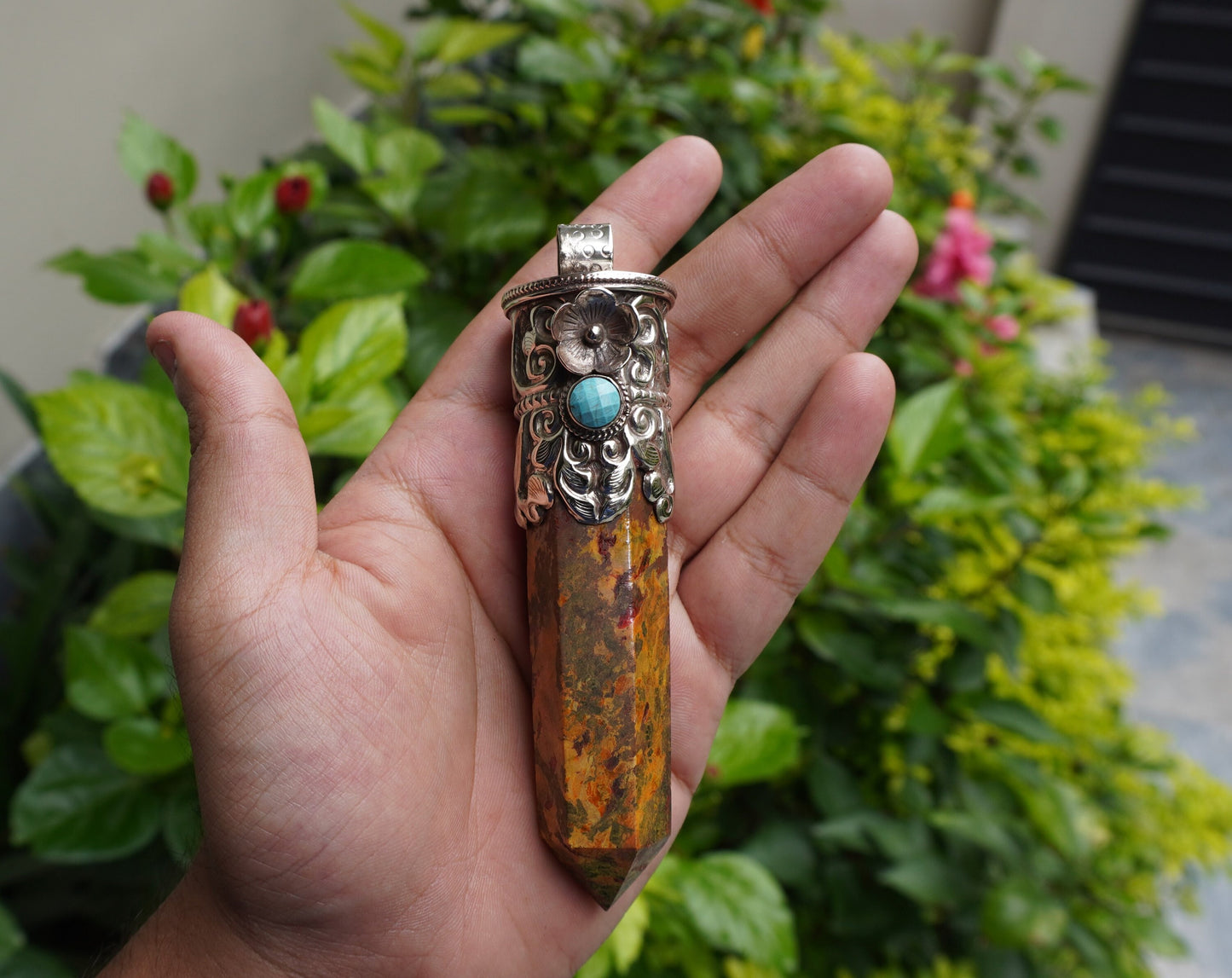 Earthy Elegance: Long Natural Yellow Jasper Tower Pendant with Turquoise Adornment, Natural Beauty, Pointed Pendant, Perfect Gift.